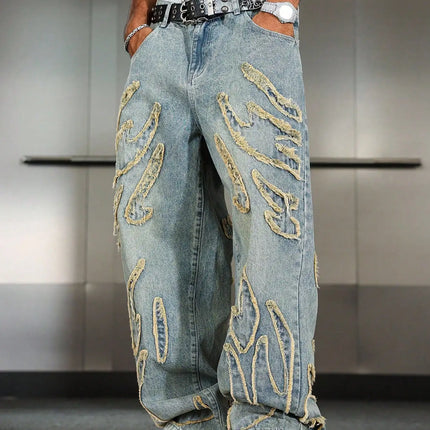Men's Street Style Casual Patchwork Embroidered Frayed Hem Macau Blue Denim Jeans Trendy Loose Fit Straight Leg Pants