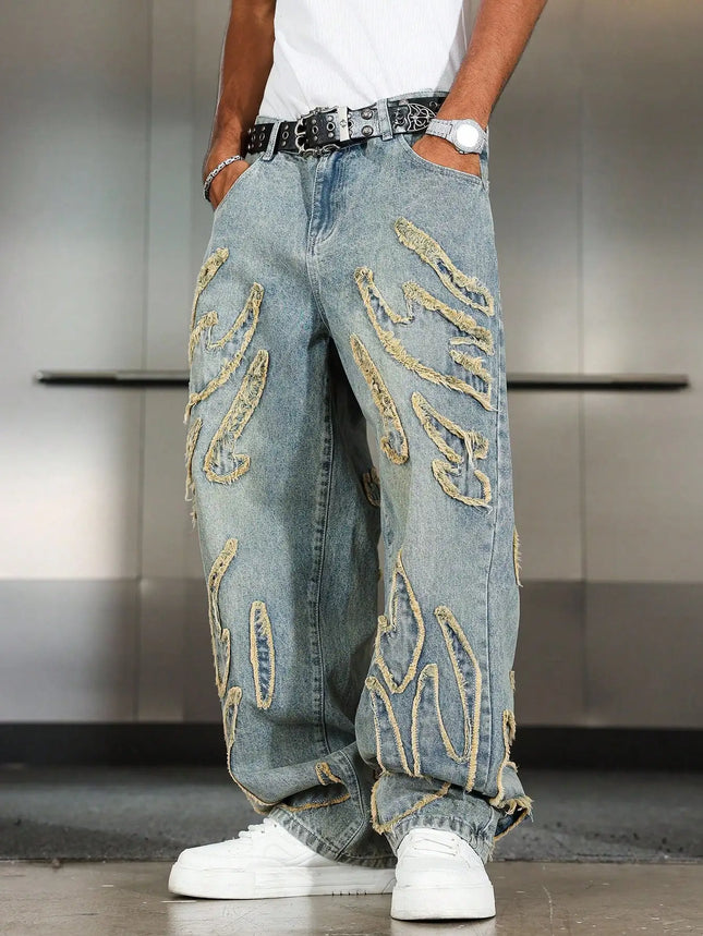 Men's Street Style Casual Patchwork Embroidered Frayed Hem Macau Blue Denim Jeans Trendy Loose Fit Straight Leg Pants