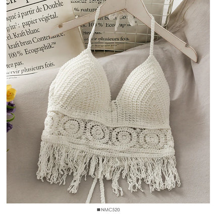 2025 Crop Tops Retro Wild Hollow Perspective Tassel Sexy Spaghetti Strap Tanke Top Women Built In Bra New Back Lace Halter Neck