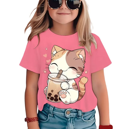 T-Shirts for Girls Fashion Capybara Children Clothes Summer Girls Clothes 7 to 8 Years Tops Cute Cat Printed Tees Child T-Shirt