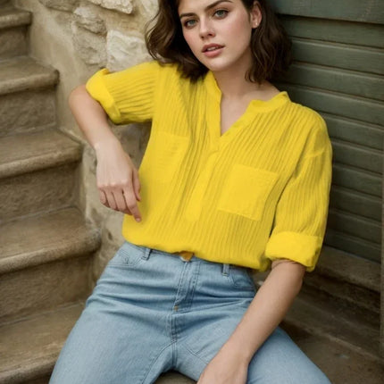 Plus Size Women's Shirts 2025 New Korean Style Loose Cotton Blouse clothing Casual Mujer Office Long Sleeve Vertical V-neck Tops