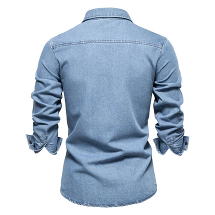 New Style Men's Casual Solid Color 100% Cotton Long-Sleeve Washed Denim Shirt for Spring and Autumn, European Size