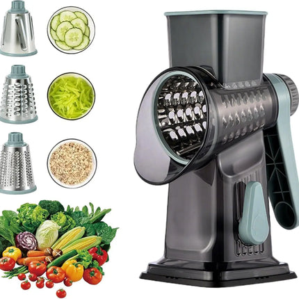 3-in-1 Manual Rotary Cheese Grater Vegetable Slicer with Suction Base Kitchen Mandoline Shredder for Potatoes Easy to Clean