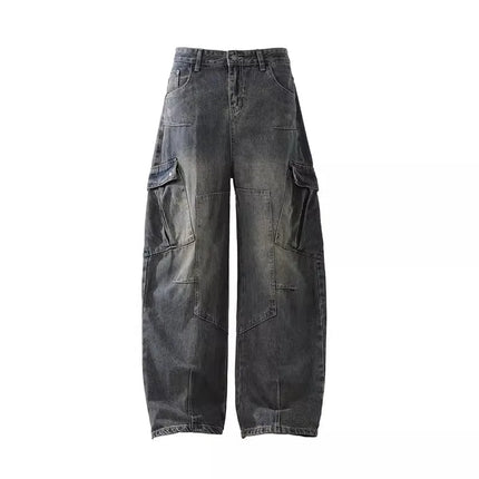 Retro Multi Pocket Curved Knife Jeans Autumn And Winter Vintage Wide Leg Workwear Pants Korean Version High Street Men'S Jeans