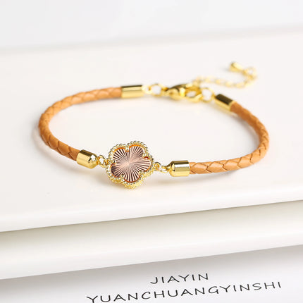 Classic Genuine Leather Woven Natural Stone Five Leaf Flower Charm Bracelet Fashion for Women Girls Party Wedding Jewelry Gift