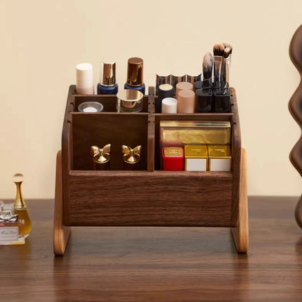 Walnut Cosmetic Organiser Desk-top Vanity Unit Lipstick & Eyeshadow Organiser Makeup Brush Holder Large Capacity Storage Rack