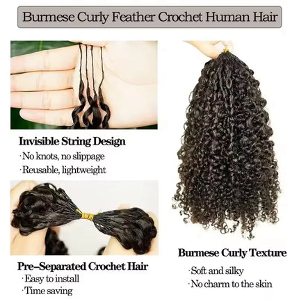 300g Burmese Kinky Curly Crochet Human Hair Knots Feather Crochet Hair Extensions Invisible Knotless Kinky Curly Braiding Hair