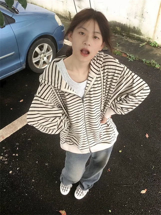 Deeptown Vintage Striped Hoodies Oversized Women Harajuku Hippie Zip Up Sweatshirts Korean Fashion Casual Cardigan Streetwear