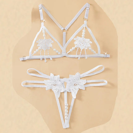 2 Piece Lace Stitching Bra Panties Adult Sexy G-string Underwear Set Open Perspective Embroidered Erotic Bra Porn Daring Briefs