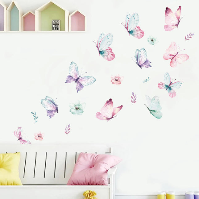3Pcs Watercolor Butterflies Wall Stickers Kids Room Girls Room Decoration for Children Bedroom Decor for House Living Room