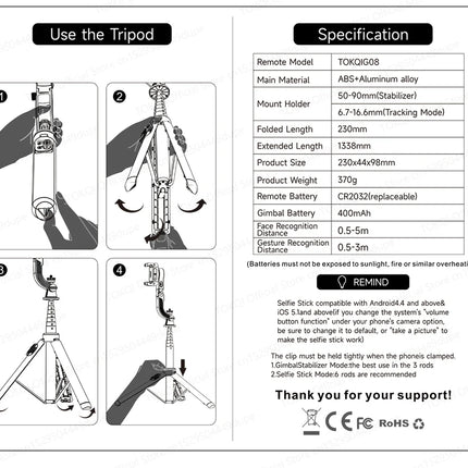 C22 AI Face Tracking Handheld Gimbal Stabiliser 360° Rotation Shoot Selfie Stick Tripod for Mobile Phone, 1/4'' Screw for Camera