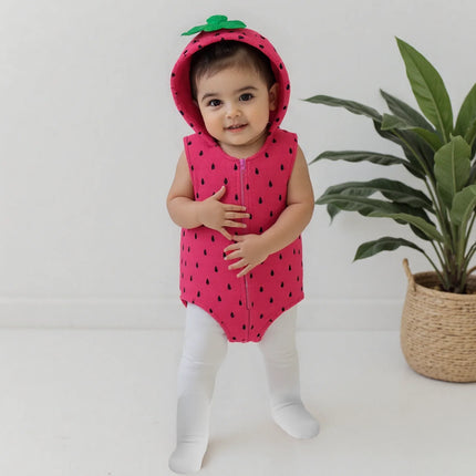 Baby Girls Romper Sleeveless Hooded Strawberry Seed Print Infant Bodysuit with Socks Cosplay Halloween Clothes