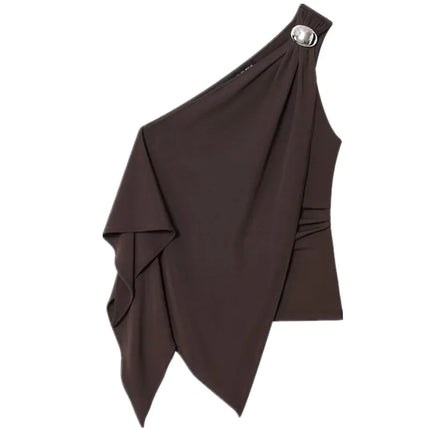 Women's Asymmetric Slim Pleated Design Top Versatile Autumn New Arrival Fashionable Outerwear Casual Regular Length
