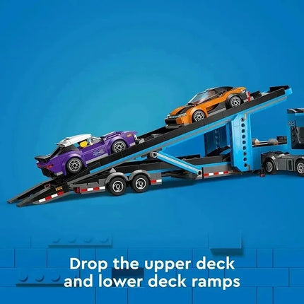 998PCS City Series Car Transporter Building Blocks, Double-Decker Truck Trailer with Sports Cars, MOC Vehicle Toy for Boys Kids,