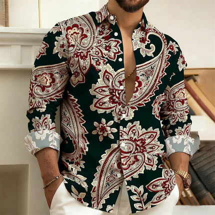 2026 New Men's Long-Sleeved Shirt with Paisley Cashew Pattern Print, Vintage, Comfortable, and Stylish Casual Men's Lapel Top