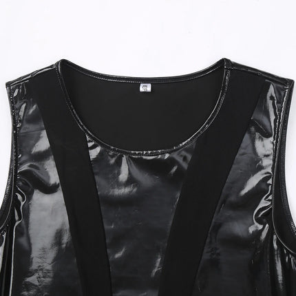 Mens Wet Look Patent Leather Bodysuit Sleeveless Mesh Patchwork Buttoned Crotch Leotard Jumpsuit Clubwear Pole Dance Costumes