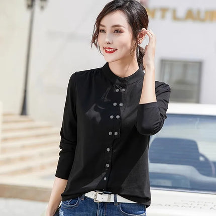 Stand up collar double breasted white long sleeved casual top for spring and autumn new style semi high collar basic top to wear