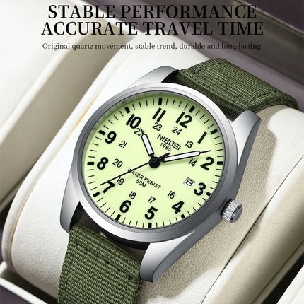 NIBOSI Fashion Luminous Watch Men Nylon Strap Auto Date Quartz Wristwatches Men Sports Military Watch for Men Reloj Hombre 2024