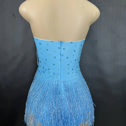 Sparkly Rhinestones Fringe Bodysuit Women Nightclub Party Dance Costume Stage Wear Sexy Tassel Leotard Performance Clothing 7G