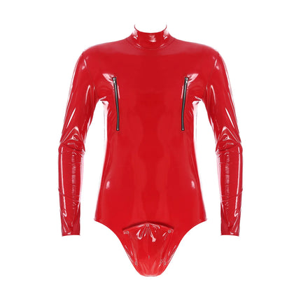 Mens Lingerie Zipper Crotch Long Sleeve Jumpsuit Wet Look Patent Leather Bodysuit Clubwear Pole Dance Performance Rave Costume