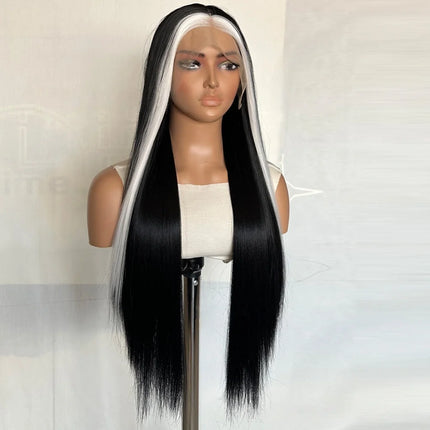 Women's Lace Front Wig Hand Hooked Black with White Highlights Long Straight Heat Resistant Synthetic Lace Wig For Cosplay
