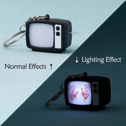 Retro TV Shaped Keychain with Light & Sound Horror Handprint Projection Spooky Halloween Pendant for Bag Charm Key Ring Chain