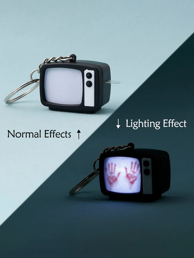 Retro TV Shaped Keychain with Light & Sound Horror Handprint Projection Spooky Halloween Pendant for Bag Charm Key Ring Chain