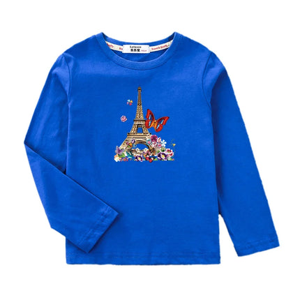 Girls New Fall Clothes Paris Eiffel Tower T-shirt Long-sleeved Cotton Tops Little Girl Butterfly Party Tees