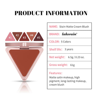 Lakerain Triangle Cream Blush Cream Matte Cream Non-greasy Easy to Push Color Saturation High Natural Rosy Rouge Blush Cream
