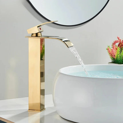 Brushed Golden Basin Faucets Elegant Waterfall Bathroom Sink Faucet Single Lever Hole Deck Mount Brass  Mixer Tapsfaucets and si