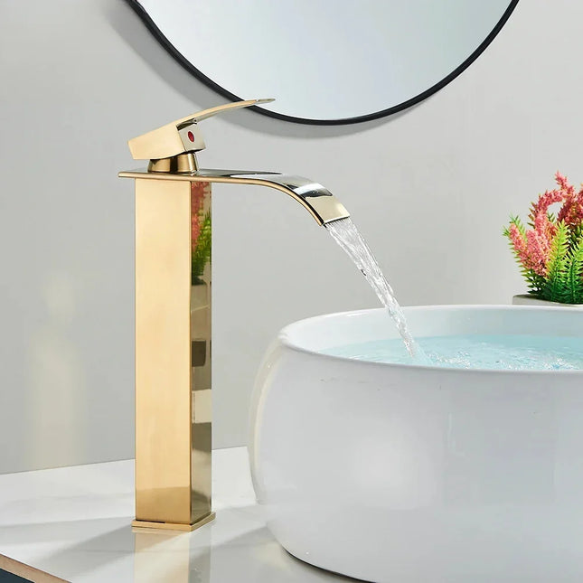 Brushed Golden Basin Faucets Elegant Waterfall Bathroom Sink Faucet Single Lever Hole Deck Mount Brass  Mixer Tapsfaucets and si