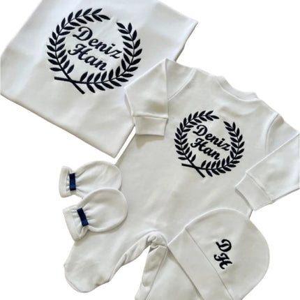 Dollbling Hospital Exit 5pcs Embroidery Name Newborn Angle Wings Romper Blanket  Nursery Bedding Swaddle Handmade Infant Outfit