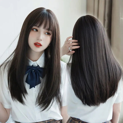 Korea Hair Extensions Synthetic Cute JK Girl Cosplay Air Bangs Wig Breathable Head Cover 50cm Long Straight Wig Hat for Women