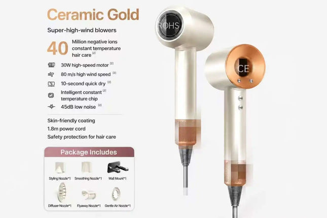 High-Speed Hair Dryer, 40 Million Negative Ions, Constant Temperature, Fast Drying, Low Noise, Professional Salon Blow Dryer with Nozzles