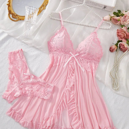 Sexy Lingerie Set Women Erotic Bra Nightdress Sexy Lace Sleepwear Solid Slim Soft Dresses V Neck Full Slip Sleepwear & Dresses