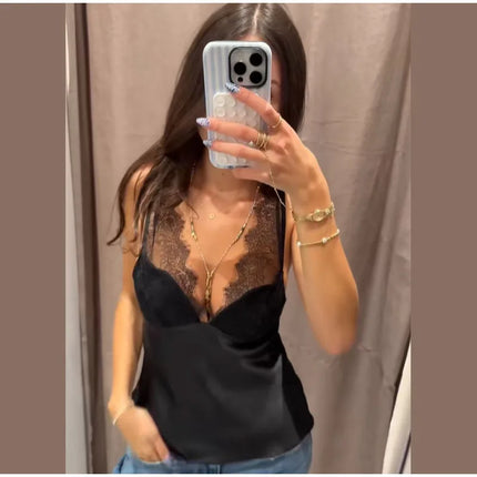 Sexy Black Lace Patchwork Satin Vest Women Elegant Sleeveless See Through V-neck Loose Vests 2025 Lady Vacation Party Chic Wear