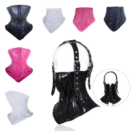 Adult Games Sex Toys of Sexy Wetlook Leather Neck Restraint Collars with Unisex Lockable Half Face Mask for Fetish BDSM Bondage