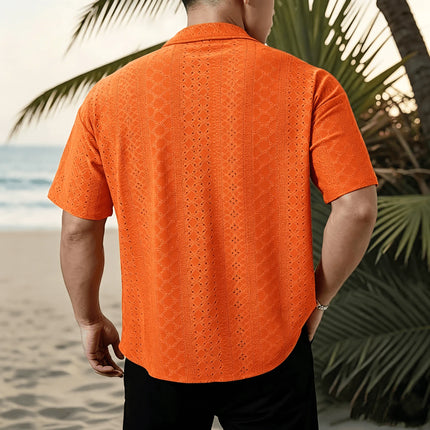 Men's Vacation Casual Style Knitted Geometric Striped Crochet Textured Jacquard Loose Short-Sleeve Shirt Hawaiian Beach Shirts