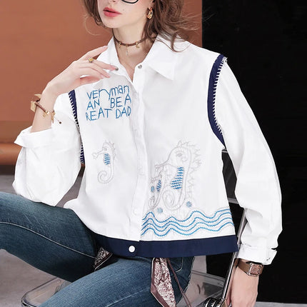 Women Embroidered Short Shirt Loose Fit Blouse Cropped Casual Cotton Top Long Sleeve Fashion Streetwea