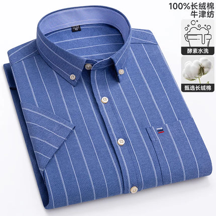 New 100% Cotton Oxford Men's Shirts Short Sleeve Plaid Soft Regular Fit Formal Dress Shirt Social Blouse Male Clothes 6XL 7XL