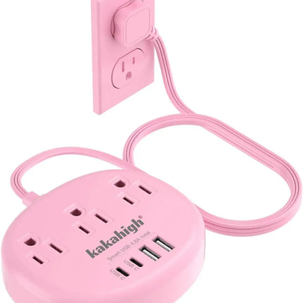 Pink USB C Power Strip - 5FT Extension Cord with 3 AC Outlets & 4 USB Ports, 1625W/24W, Compact Kawaii Desk Charging Station