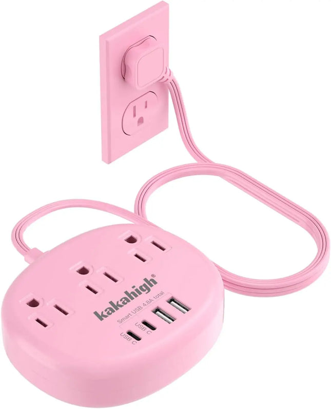 Pink USB C Power Strip - 5FT Extension Cord with 3 AC Outlets & 4 USB Ports, 1625W/24W, Compact Kawaii Desk Charging Station