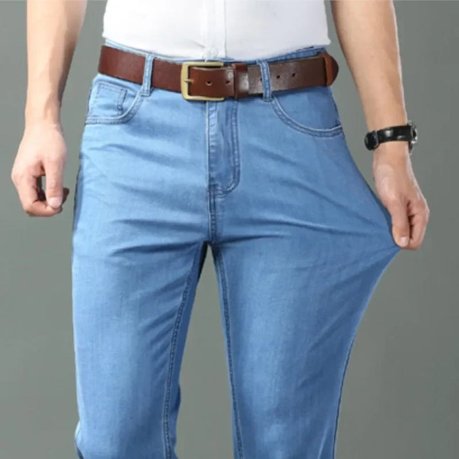 2026 New Ice Silk Thin Denim Jeans For Men Blue Straight Stretch Cotton Pants Business Casual Lightweight Trousers Spring Summer
