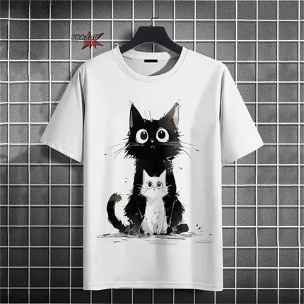 Japanese Ukiyo-E Cute Cat Pattern Round Neck Men's Short Sleeved Daily Oversized T-Shirt Harajuku Y2k T-Shirt T-Shirt Men Top