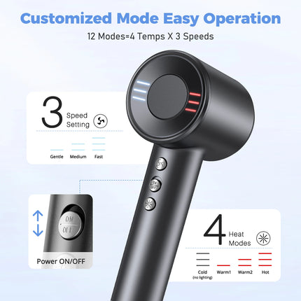 Low Noise High Speed Hair Dryer 4 Heat 3 Speed Settings Lightweight Portable Ionic Blow Dryer with Diffuser for Women Men