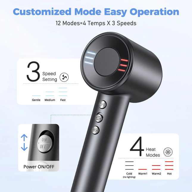 Low Noise High Speed Hair Dryer 4 Heat 3 Speed Settings Lightweight Portable Ionic Blow Dryer with Diffuser for Women Men