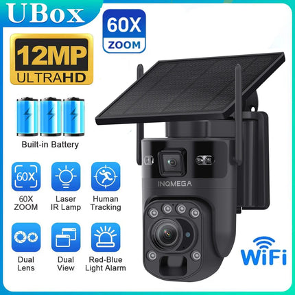 INQMEGA 12MP 60X Optics Zoom Dual Screen 4G /WIFI Solar Camera Securty Outdoor  PIR Human Detection Color Night Vision UBOX APP