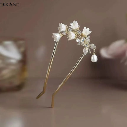 Hanfu Hair Access Long Tassel Vintage Lily Of The Valley U-shaped Hairpins Flower Handmade Hair Sticks For Women〔CC55〕