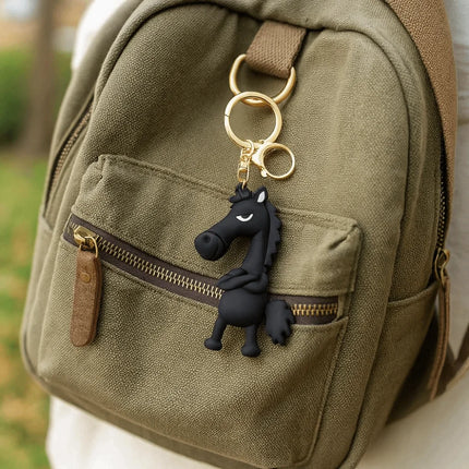 Funny Cartoon Horse Keychain Cold-Hearted Simulation Black Horse Bag Ornament Decorative Hanging Car Pendant Car
