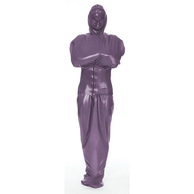 Exotic Wetlook PVC Leather Full Catsuit with Wide Belt Unisex Bondage-Sack Hooded Bodysuit Fetish Sexy Body Bag Sleepsack Custom